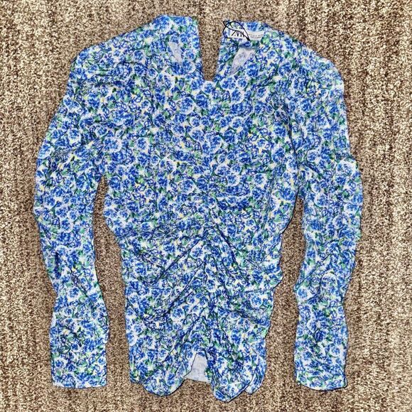 ZARA Women's Long Sleeve Ruched Floral Printed Gathered Blouse Top Blue Small - Picture 1 of 9